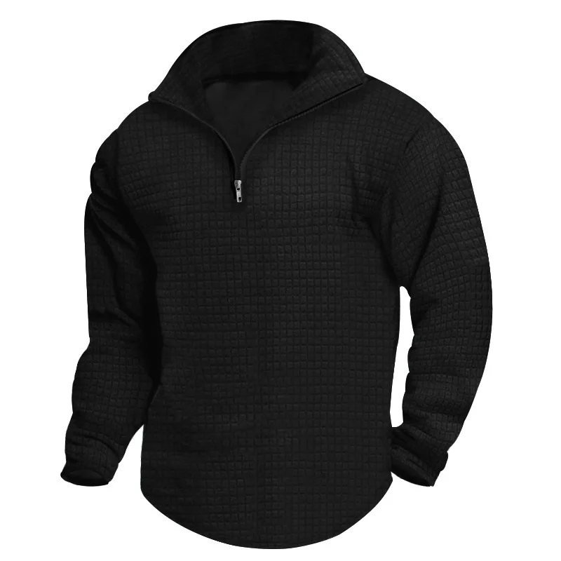 European and American Fashionable Men's Sweatshirts with A Half - Zipper, Small Checkered Pattern and Stand - Collar.