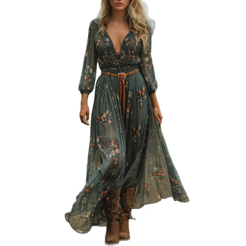 Damska sukienka maxi z dekoltem w serek, wiązana w pasie, w kwiaty, z falbankami, długim rękawem, w stylu rustykalnym vintage boho, z haftem i rozcięciem z boku.