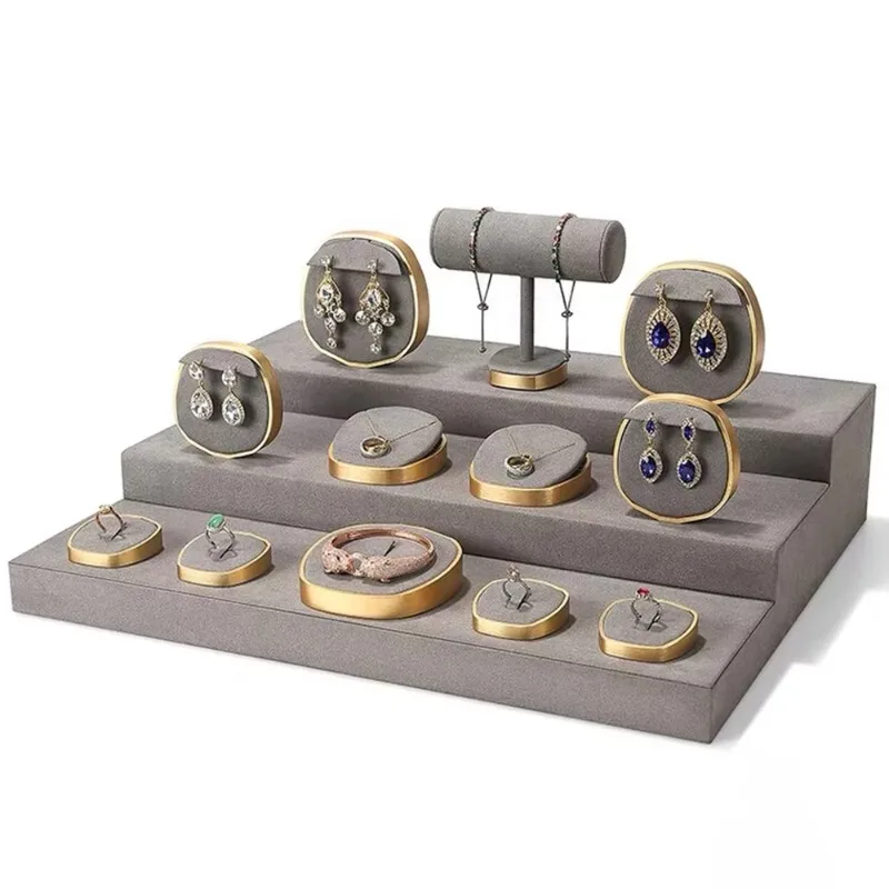 Custom Khaki Brown Microfiber Jewelry Display Stand LED Light for Shopping Mall Use Organizer Exhibitor Display Set