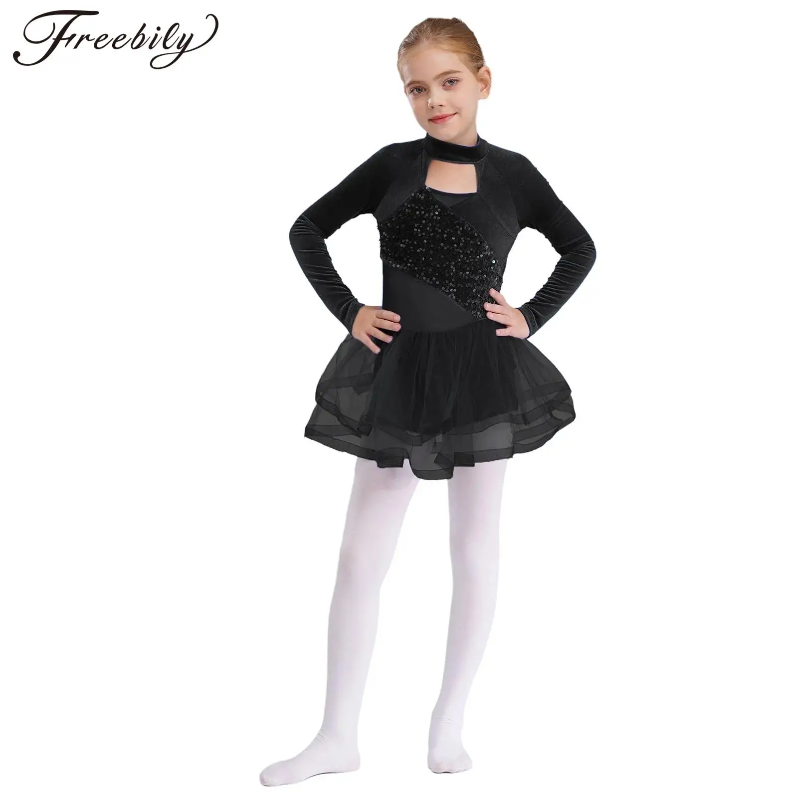 Kids Girls Ballet Tutu Lyrical Dance Figure Skating Gymnastics Dancewear Long Sleeve Shiny Sequin Velvet Mesh Leotard Dress