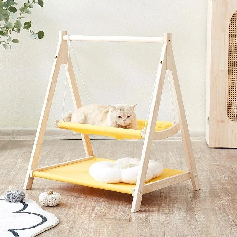 Interesting Pet Cat Beds Double-Layer Hammock for Cat Kitten Wooden Frame Swing Bed Pet Cat Play Rest Area Washable Dismountable