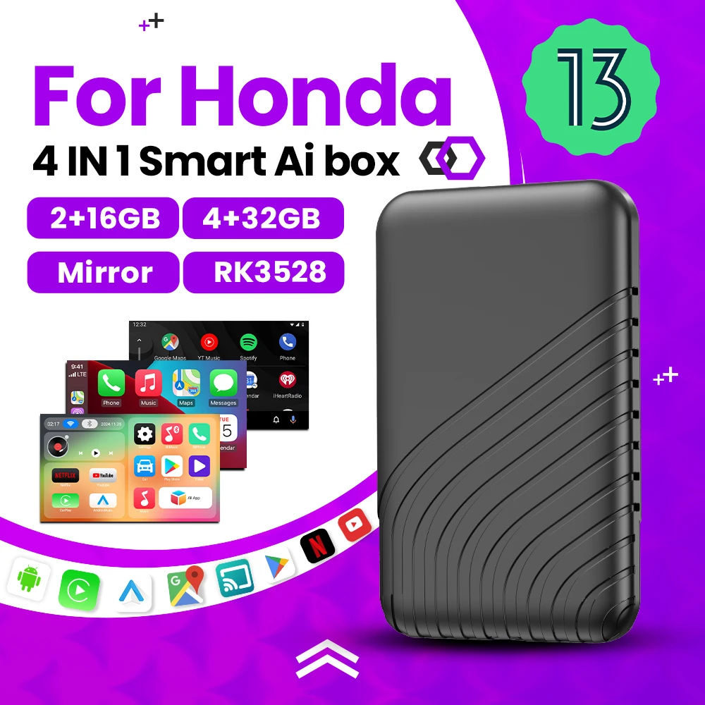 

Android 13, беспроводная связь carPlay, Android Auto Mirror Ai Box для Netflix Youtube, Honda Accord Civic Ridgeline CR‐V Pilot