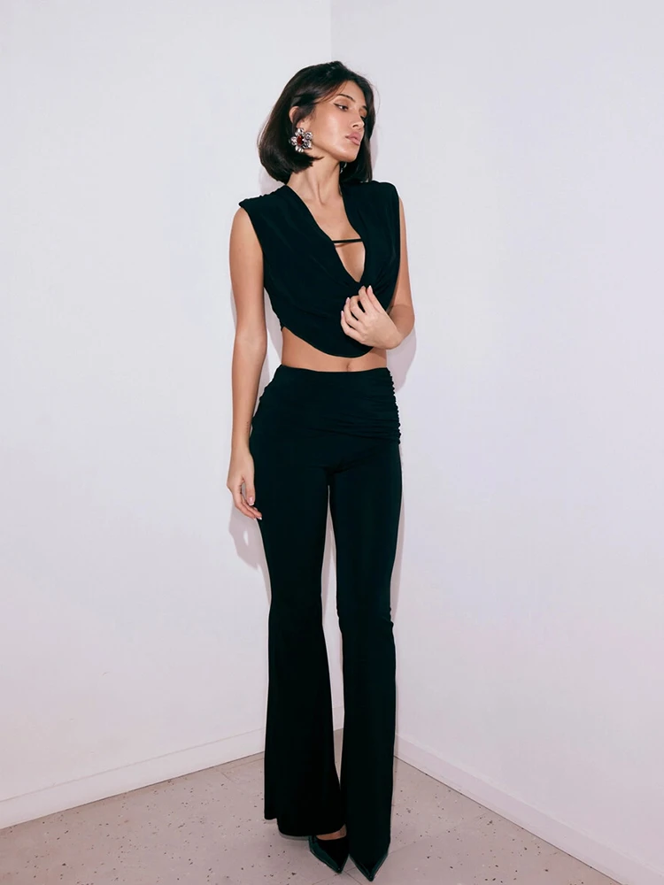 

Weird Puss, элегантный простой комплект из 2 предметов, женский топ на бретелях с открытой спиной и распашным воротником + лоскутная юбка, брюки, эластичные уличные одинаковые наряды