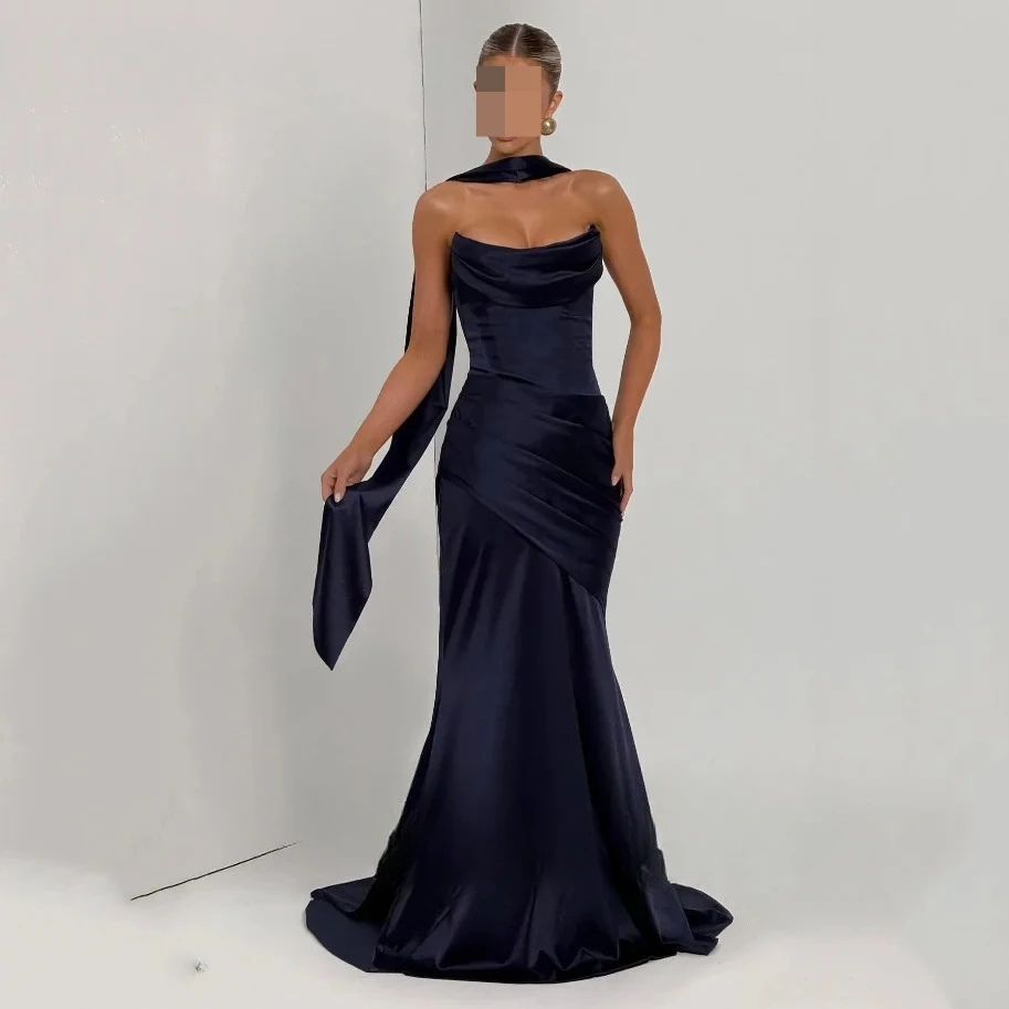 Eighttre blu navy senza spalline sirena abiti da ballo formali senza schienale con sciarpa abito da sera lunghezza pavimento abito da festa personalizzato