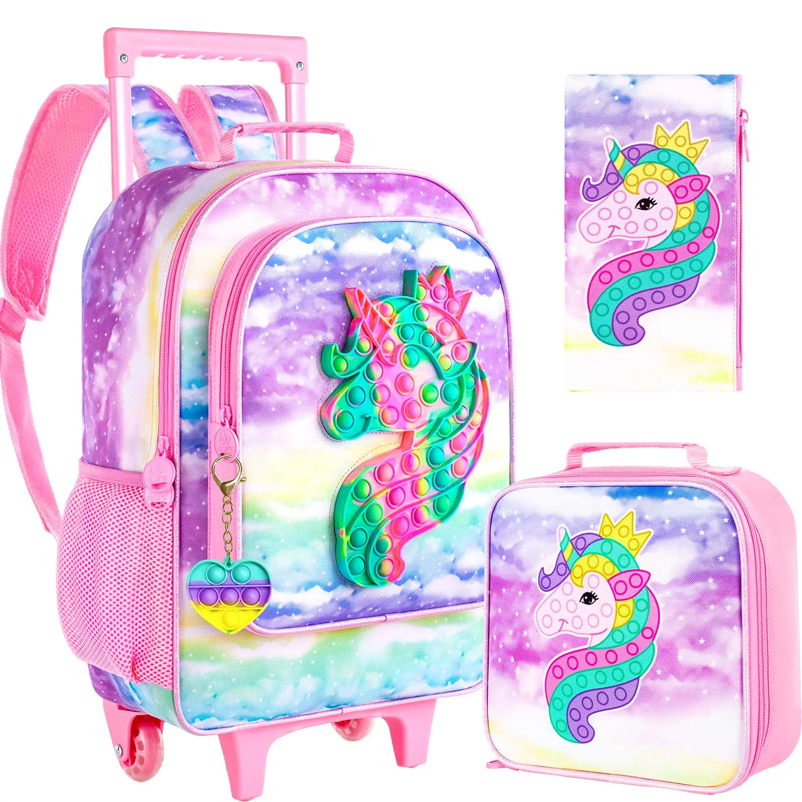 

4PCS Rolling Backpack for Girls,Kids Unicorn Backpacks with Roller Wheels, Wheeled Bookbag with Lunch Box for Toddler Elementar