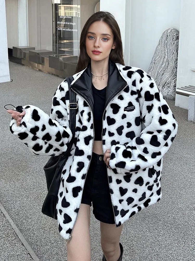 Mulheres reversível retro jaqueta de couro do plutônio grosso quente amor casaco casual streetwear moda outono inverno novas roupas femininas