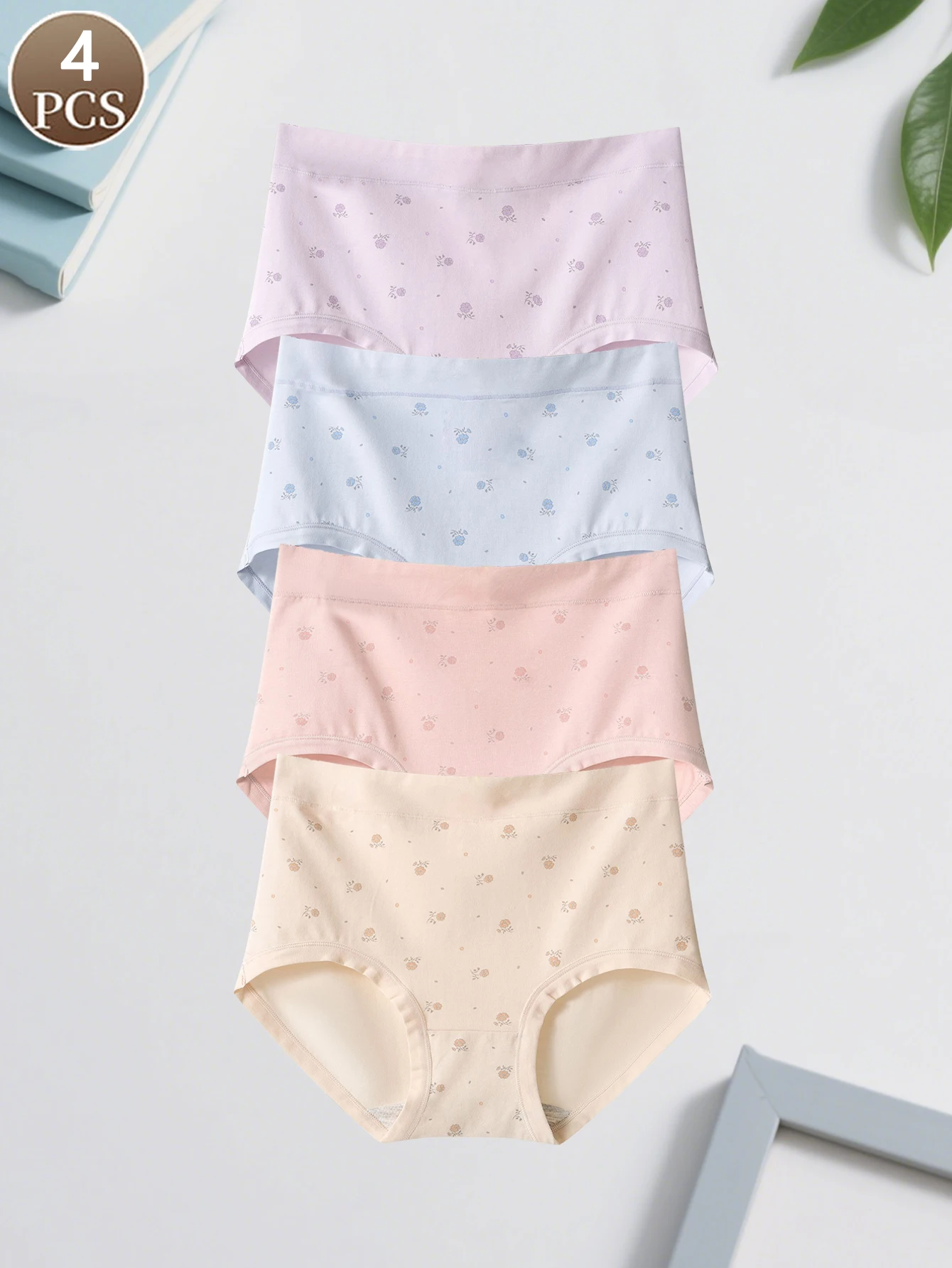 

4 шт., женское нижнее белье с романтическим цветочным узором, женское нижнее белье с треугольными чашками и высокой талией, бесшовные простые вязаные женские трусы
