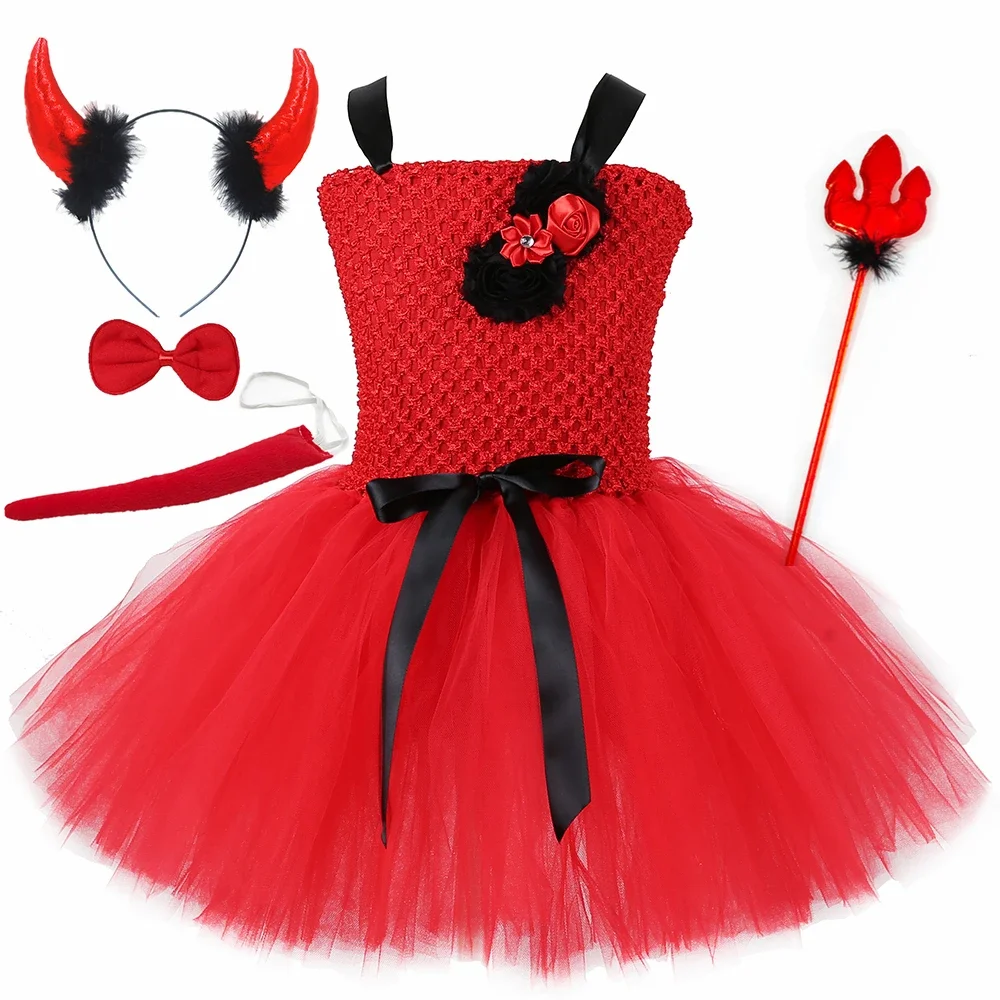 

Evil Devil Demon Halloween Costume for Kids Carnival Party Clothes Red Devilkin Cosplay Girls Fancy Tutu Dress Up with Horns Set