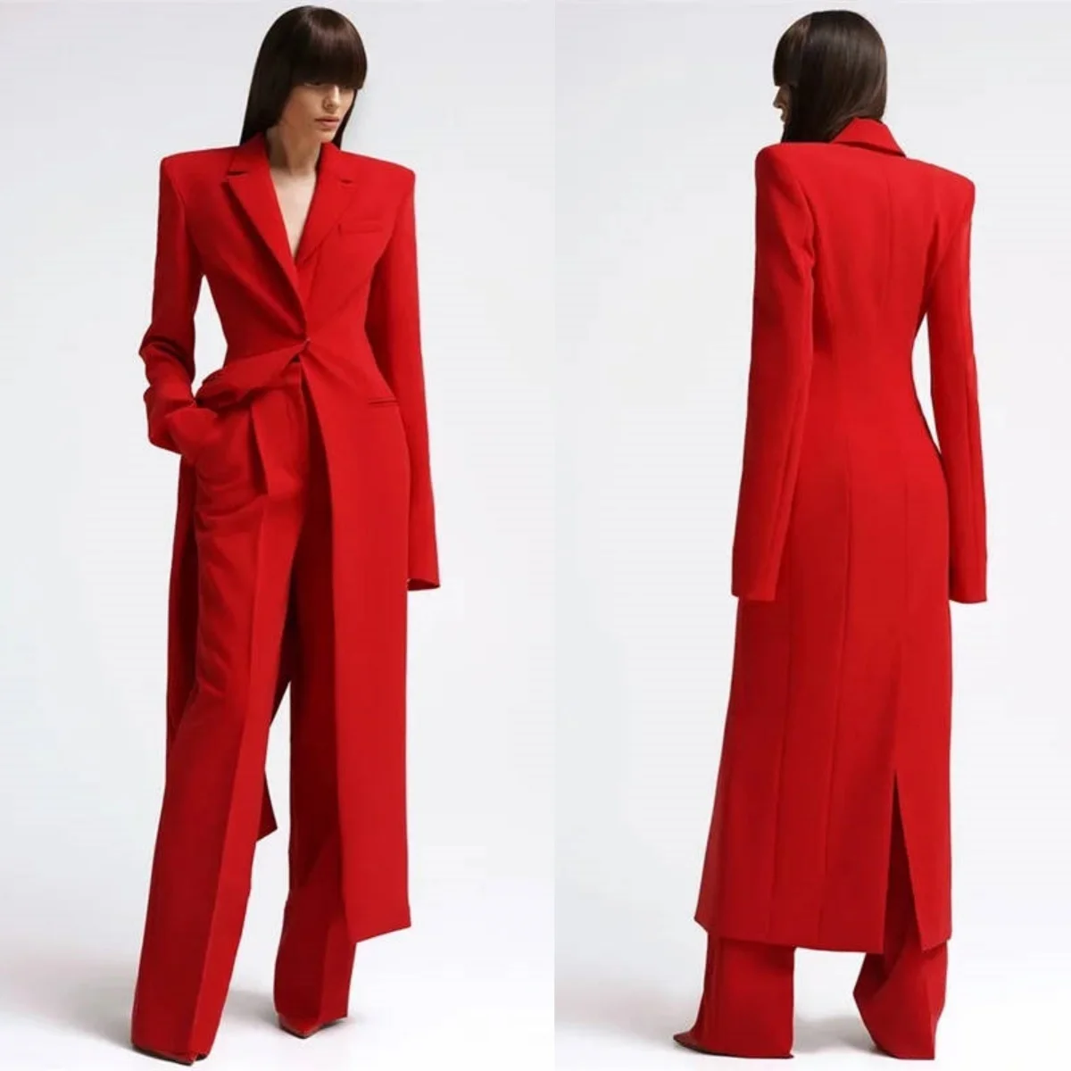 Women Long Overcoat Jacket Sets Ladies Slim Fit V Neck Blazer Pants Suits Coat 2 Pieces Customized Formal Birthday Party Wear