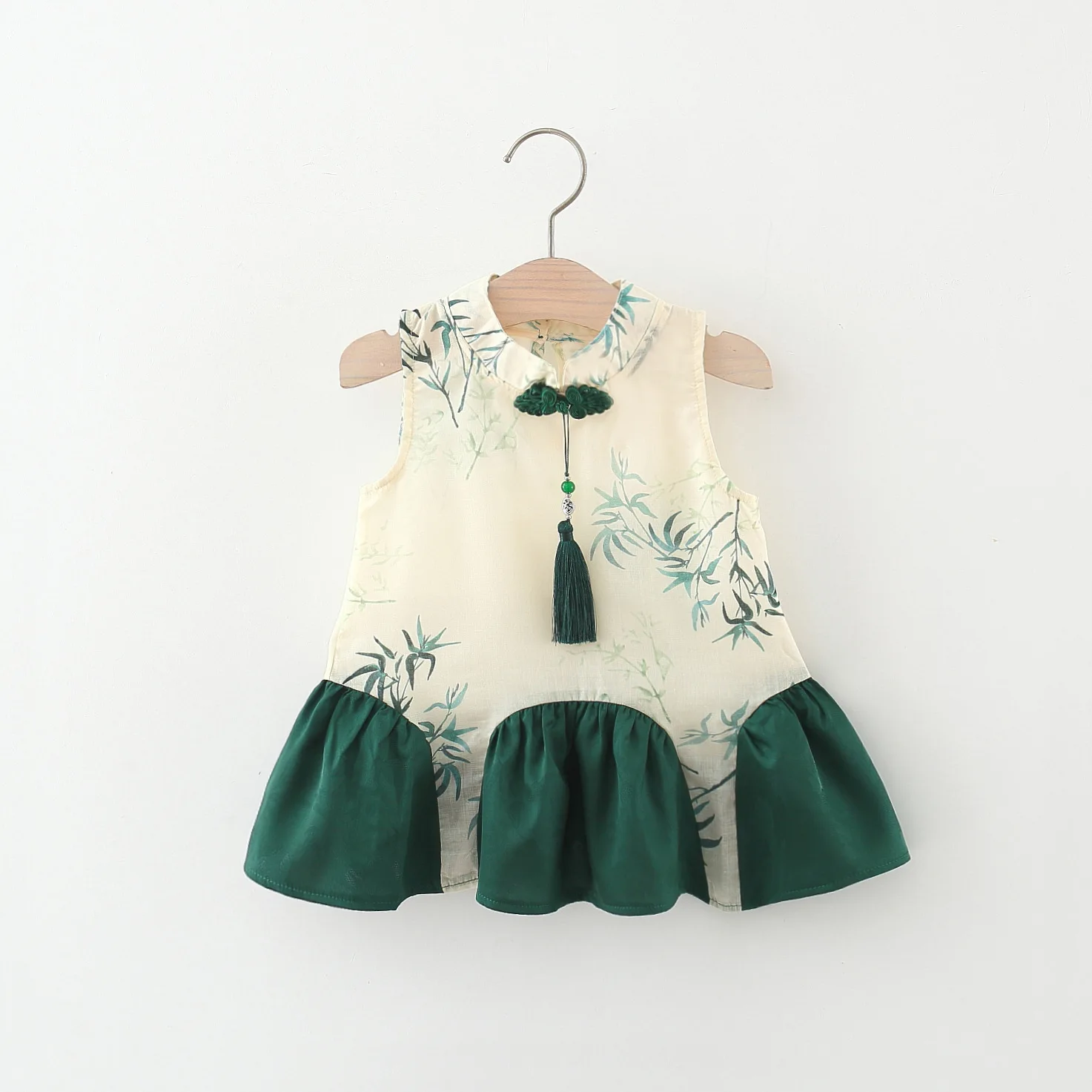 Summer New Girl Baby Dress Qipao Chinese Style Su Style Exquisite Green Neckline Ink Painting Bamboo Fashion Children\'s Wear