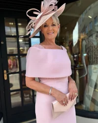 Customized Classic Pink Pearl Mother of the Bride Dresses Square Neck Short Sleeve Back Bow Wedding Banquet Dresses