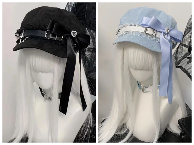 

Blue/Black Bowknot Decals Harajuku Gothic Lolita Beret Hat Cap Y2K Girl Punk Lace Handmake Decorative Sun Hats