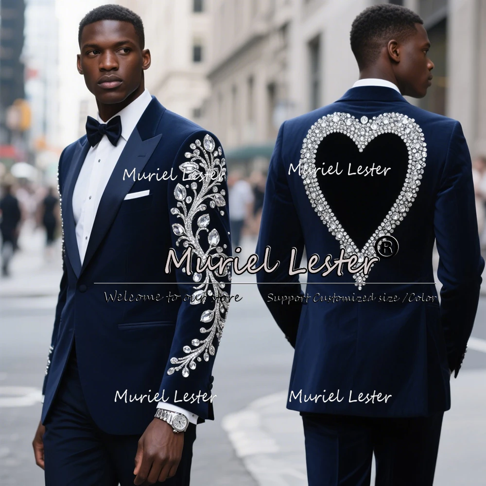 

Handsome Beaded Stones Suits Men 2 Pieces Sets Navy Velvet Groom Tuxedos Customized Man Banquet Party Prom Blazers costume homme