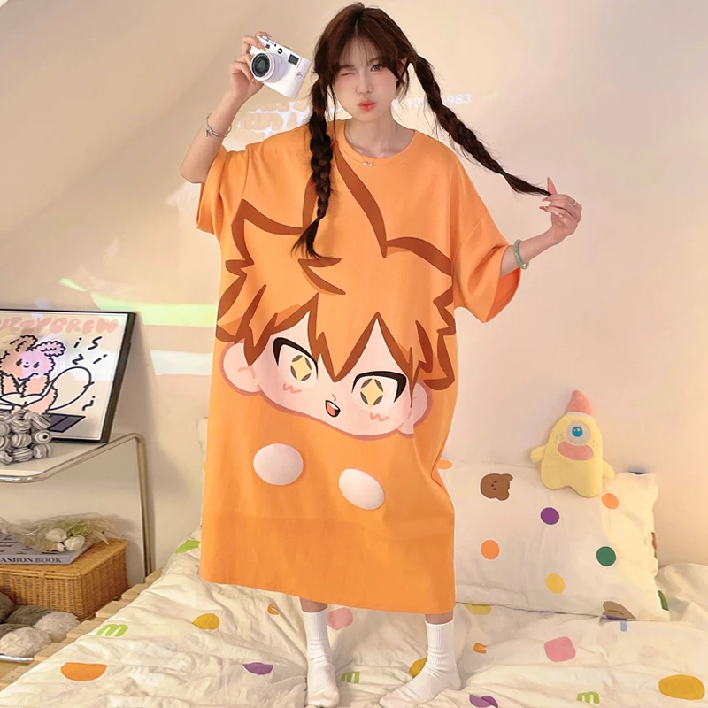 

Summer Women Sleepwear Girl Nightgown Pajamas Anime Print Dress Women's Sleepwear Cartoon Oversize Korean Girl Pijama Mujer