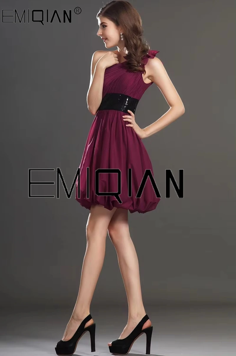 Fantastic One Shoulder Burgundy Cocktail Dress with Black Belt