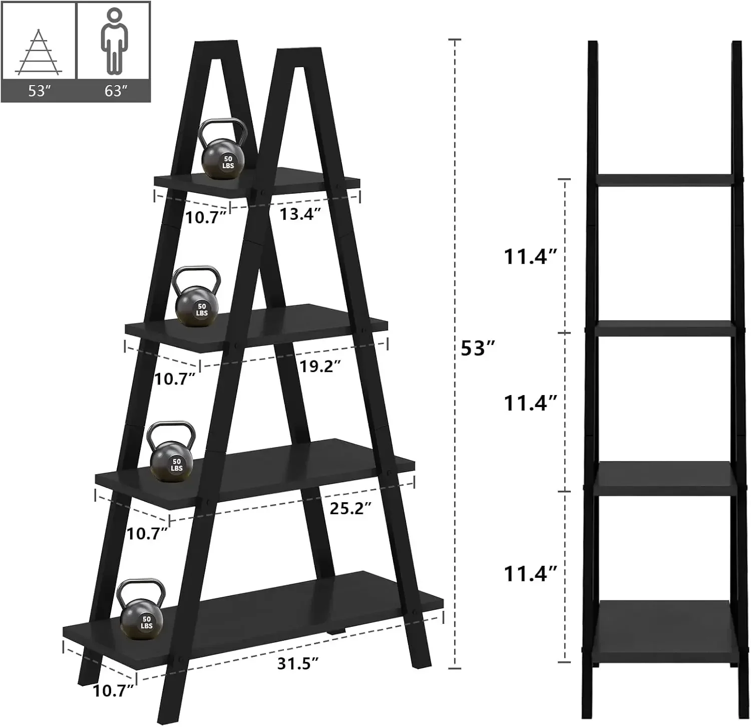 4-Tier Bookshelf, A-Shaped Bookcase Industrial Ladder Shelf Open Display Shelves with Metal Frame, Freestanding Plant Stand