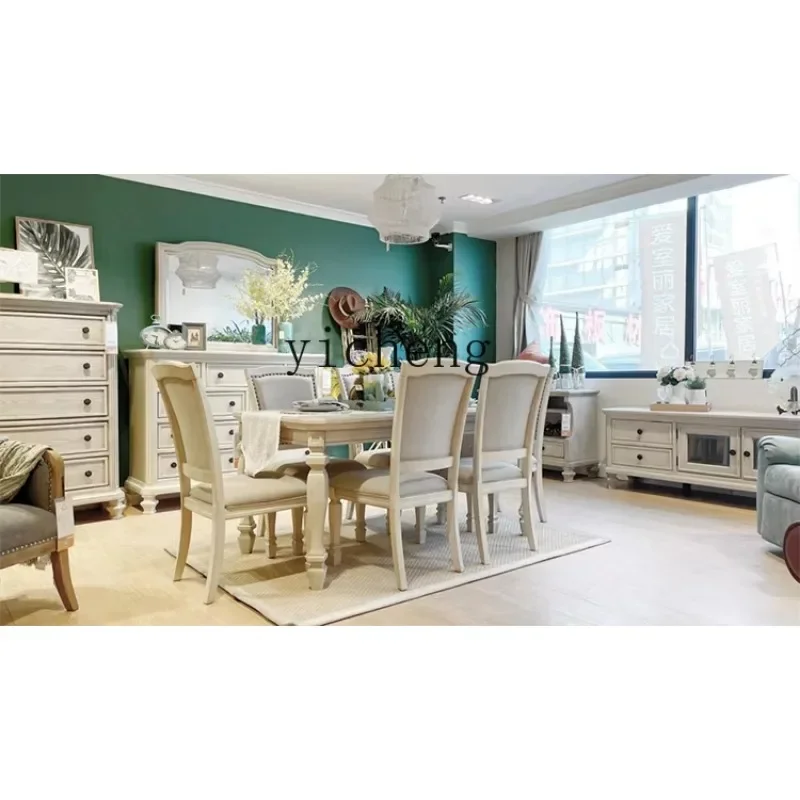 HYS Color Antique White Dining Tables and Chairs Sideboard Cabinet Upgrade Combination