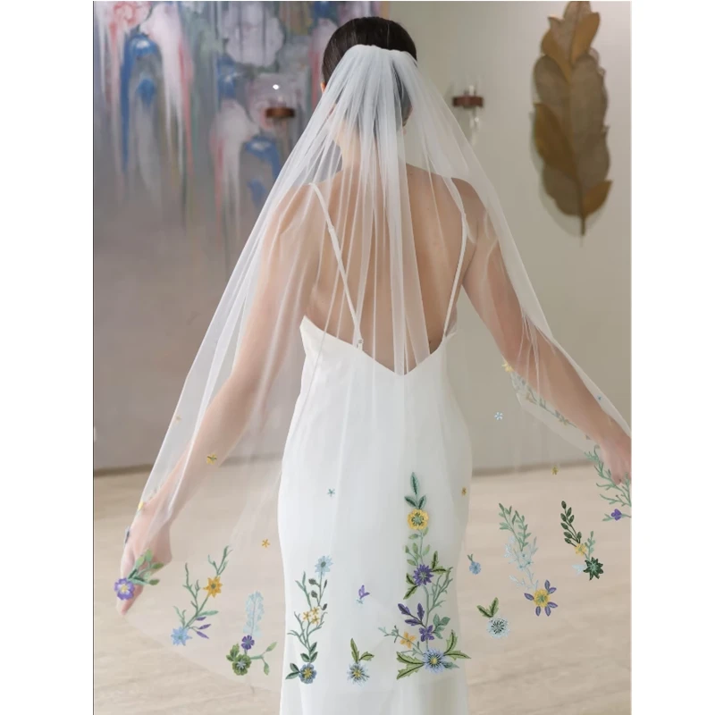 Coloreful Floral Wedding Bridal Veils With Comb Accessories For Bride Yellow Green Blue Purple Long Flowers Embroidered Tulle