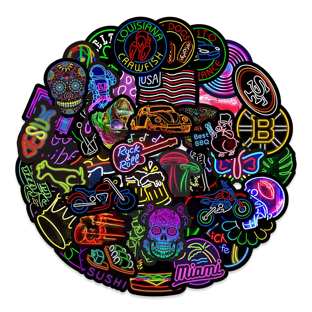 Popular Cool Neon Light Sticker Pack, Skate, Decoração de guitarra, DIY, Laptop, impermeável, Decalque Graffiti, Atacado, 10 Pcs, 30 Pcs, 50Pcs