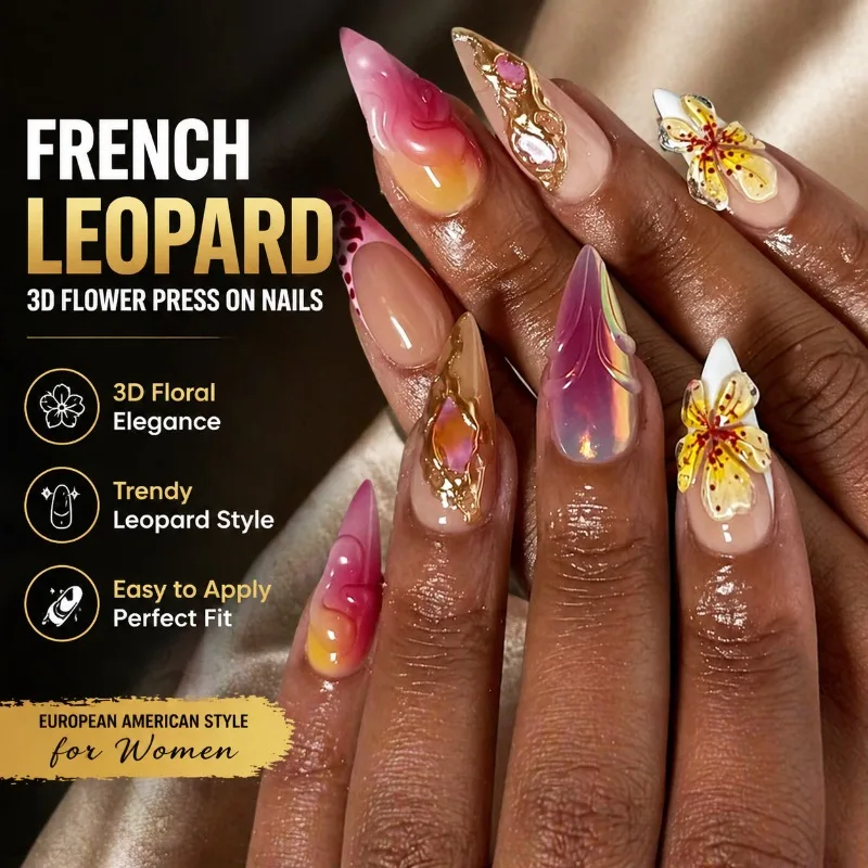 French Leopard Gradient Press on Nails 3D Stereo Floral Embellishment Trendy European Styling Exquisite Faded Texture Removable