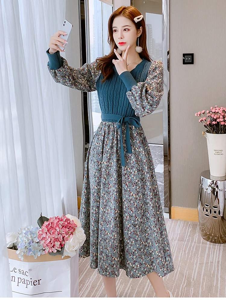 Elegant Corduroy Floral Women Dresses Vintage Knitted Patchwork Vestidos 2022 Sweet Korean Print Long Dress A-Line AutumnWinter