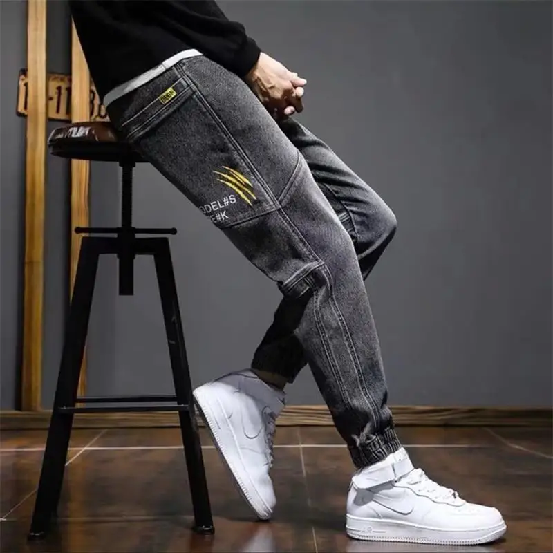 Men's Summer Fashion Workwear Jeans Loose Elastic Waist Large Size Casual Sports Nine Points Pants Harlan Style Long Trousers