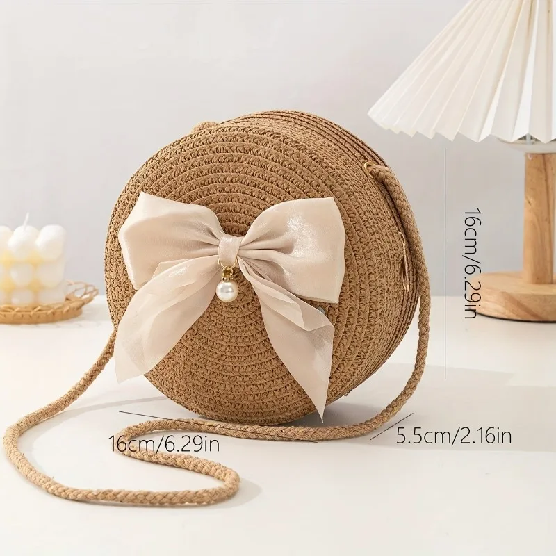 Elegant Round Straw Crossbody Bags with Bow Decoration Bohemian Chic Style Breathable Woven Design Beach Vacation Accessory