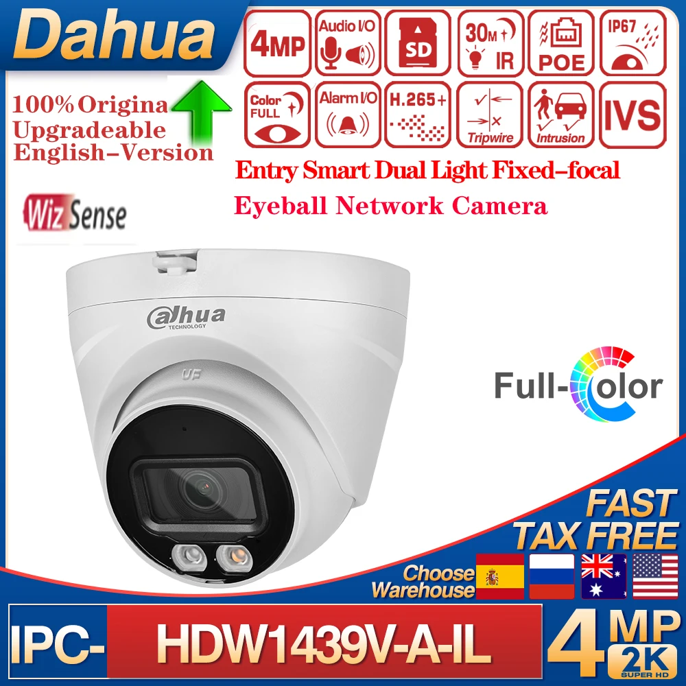 Original Dahua IPC-HDW1439V-A-IL Full Color Human Detect POE IP67 4MP Entry Smart Dual Light Fixed-focal Eyeball Network Camera