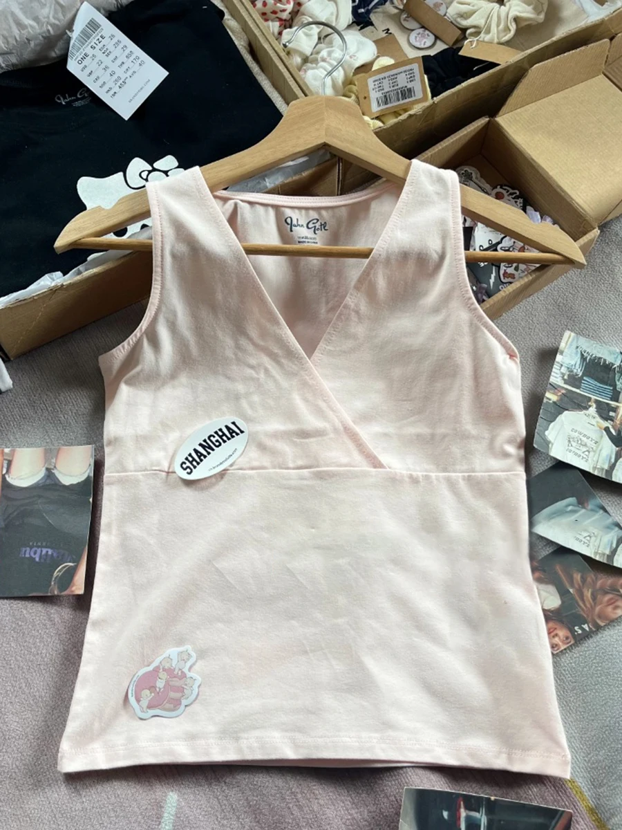 ใหม่สีชมพู V คอ Slim Tank Tops ผู้หญิงฤดูร้อนผ้าฝ้ายแขนกุดเอวสูงเสื้อกั๊กหญิงหวาน Basic Casual Crop Top Y2k Camis