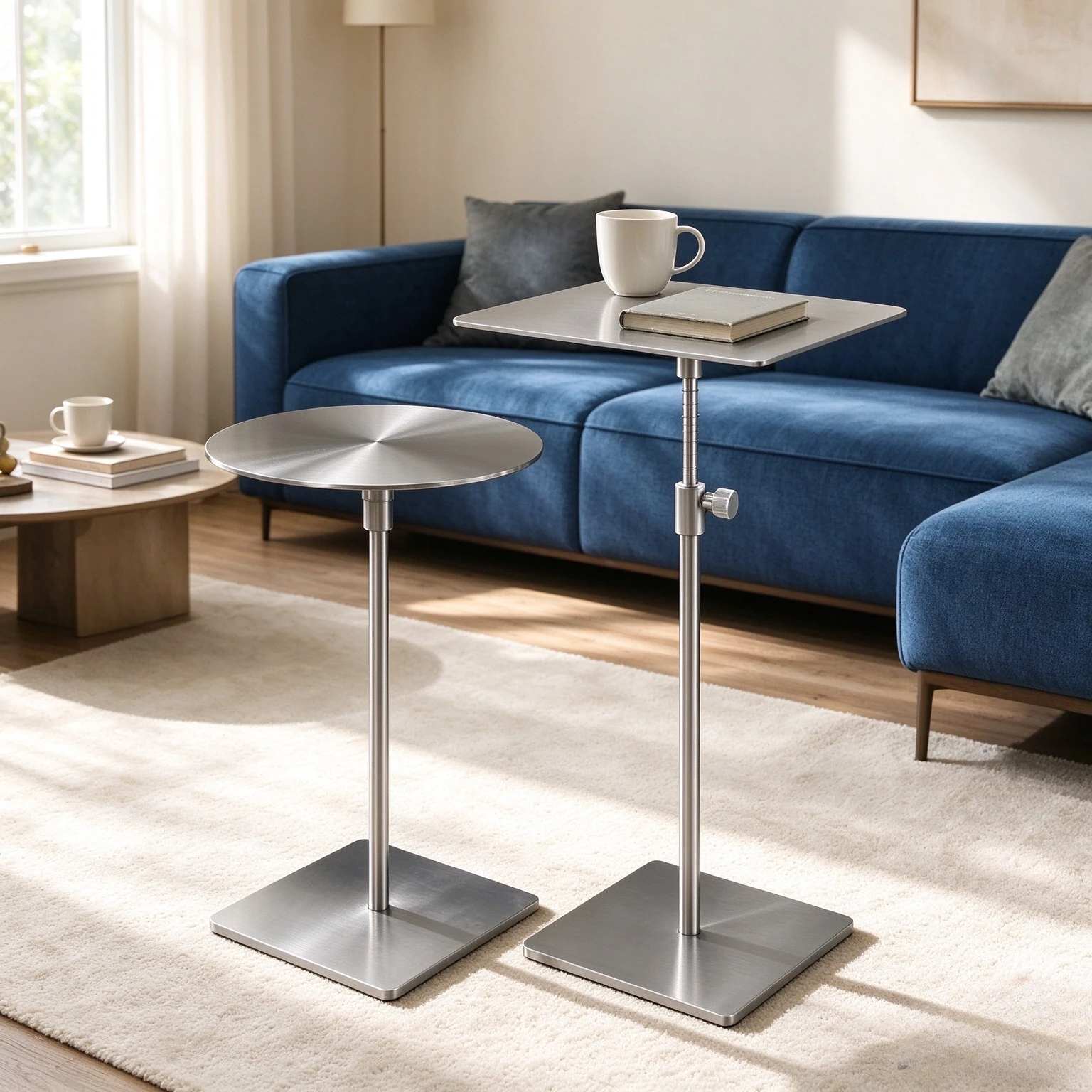 Scandinavian Style Stainless Steel Adjustable Round Coffee Table, Mobile Lifting Cocktail Side Table for Sofa and Living Room