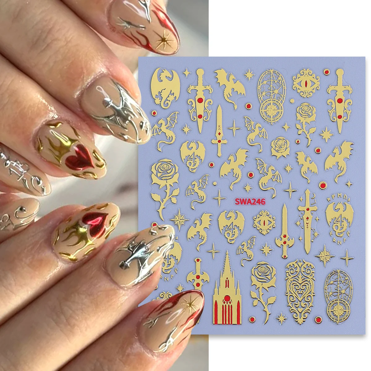 2pcs Bronzing Gothic Dragon Nail Decal 3D Dark Fantasy Sword Castle Star Magic Pattern Sticker DIY Charm Halloween Manicure Tips