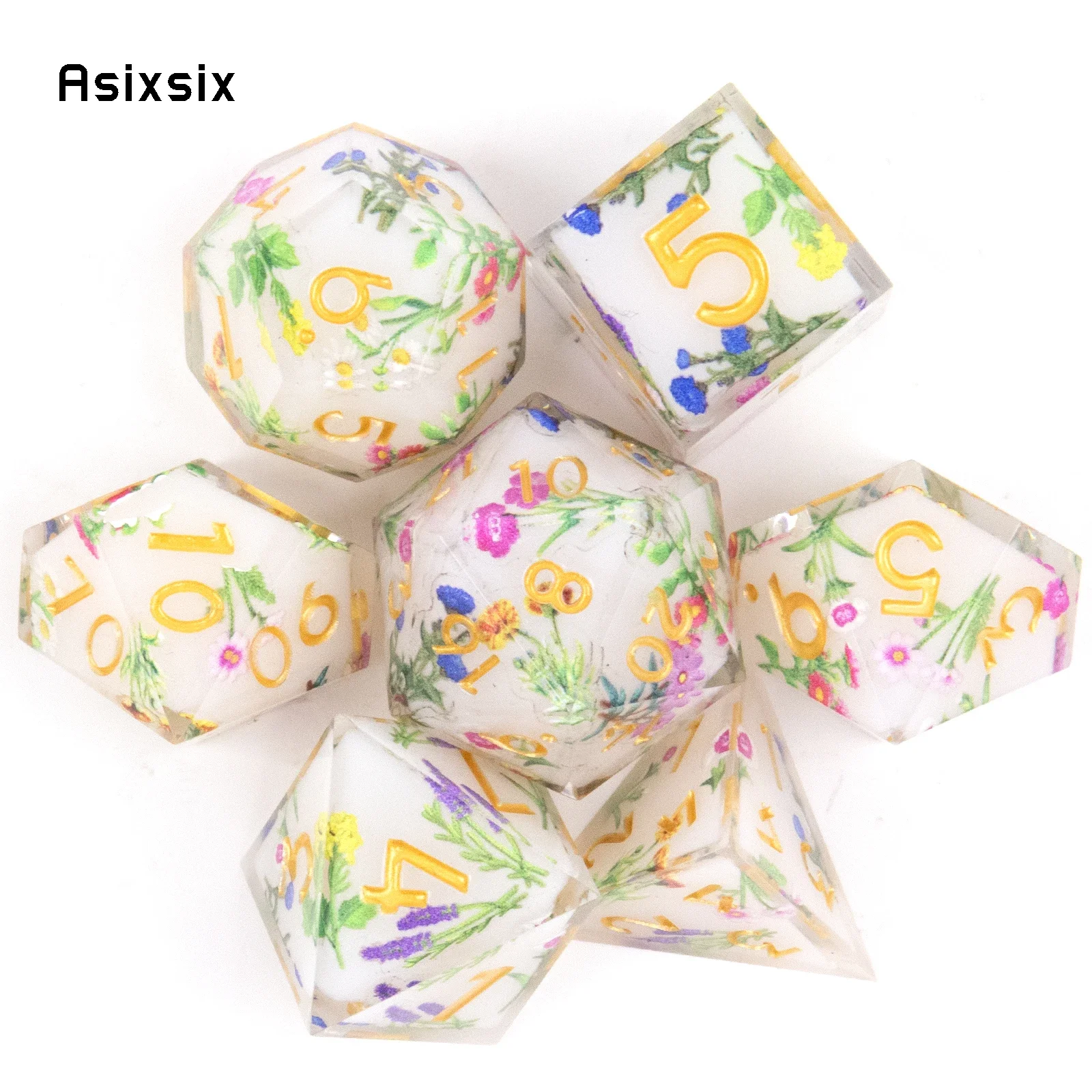 

7 Pcs Colorful Flower Leaf Resin Golden Number Sharp Edge Dice Polyhedral Dice Suitable For Role-Playing RPG Gift