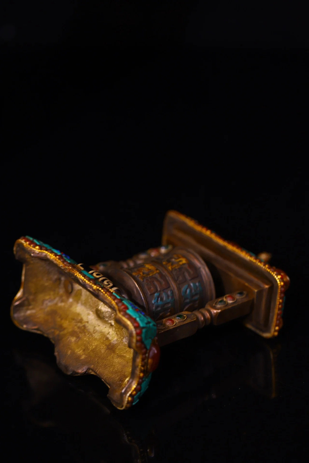 China Collections Old Bronze Mosaic Gem gZi Beads Turquoise Six Character  Proverbs Prayer Wheel Old Scriptures Amulet