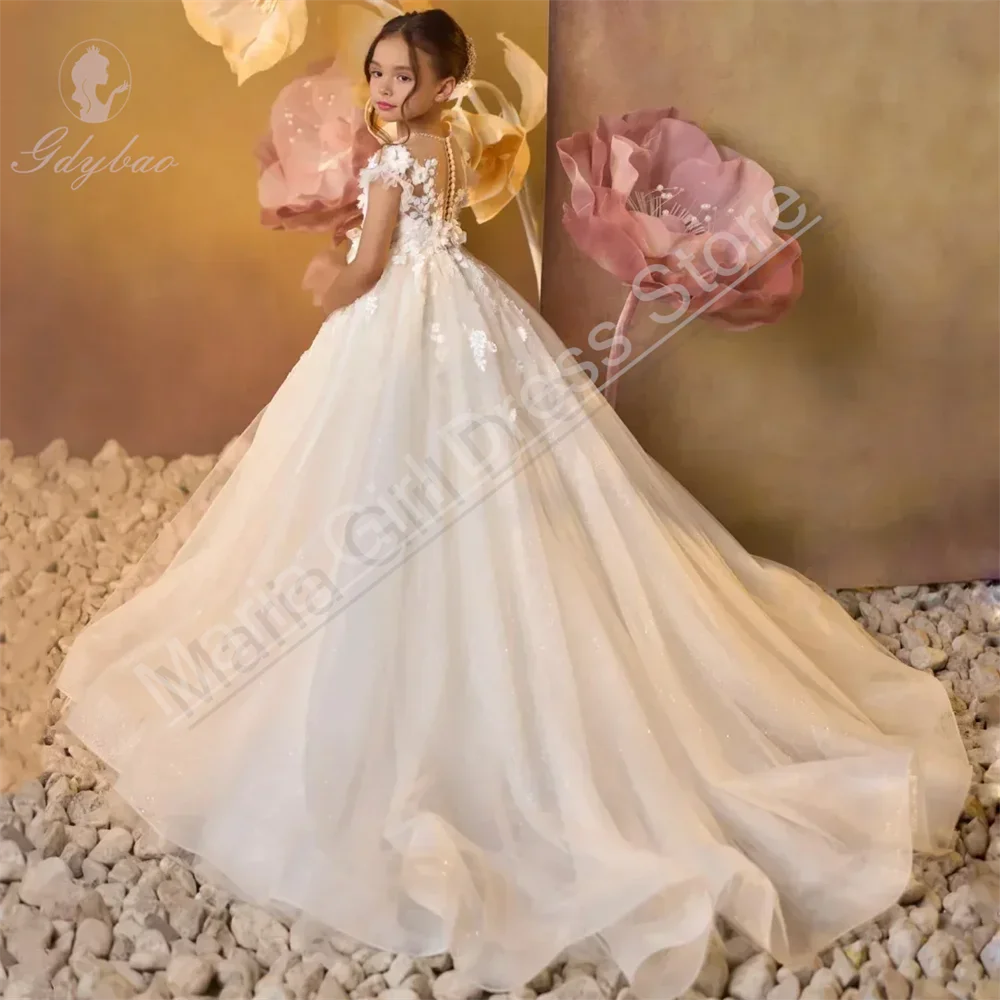 Royal Lace Girls Flower Girl Dress Wedding Children Birthday Party Floor Length Train Performance Custom Dress