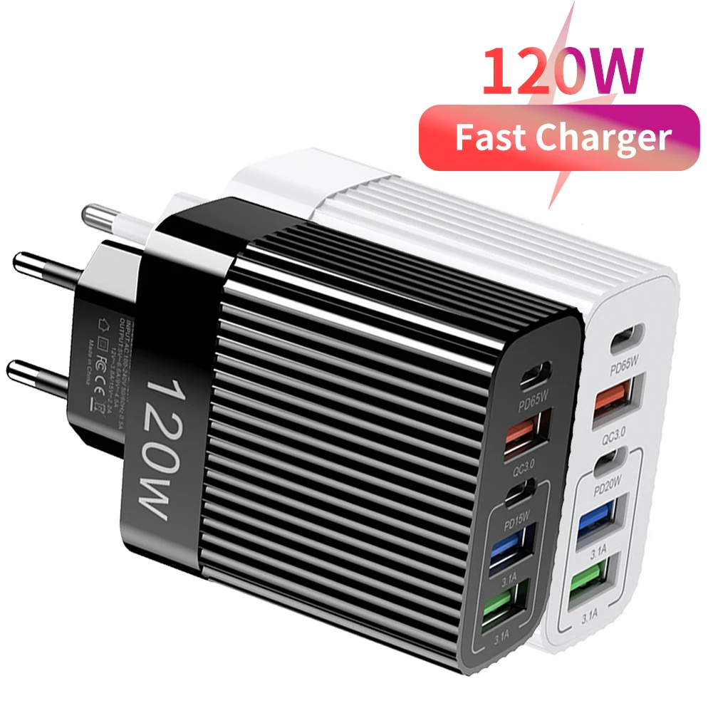 

Total 120W USB C Charger Muti 5 Ports Quick Charge PD Type C QC 3.0 High Speed Fast Charging for iPhone 16 Xiaomi Wall Adapter