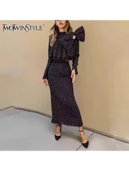 TWOTWINSTYLE Solidny wyszczuplający dwuczęściowy zestaw dla kobiet Stójka z długim rękawem Spliced Bow Top Spódnica z wysokim stanem Zestaw moda damska