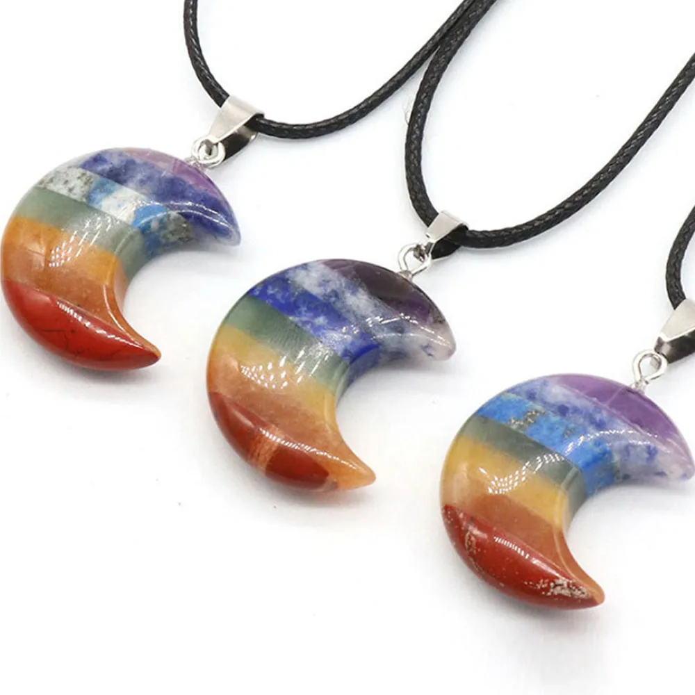 7 Chakra Moon Healing Crystal Stone Necklace Crescent Moon Pendant Yoga Meditation Spiritual Reiki Jewelry for Women Men