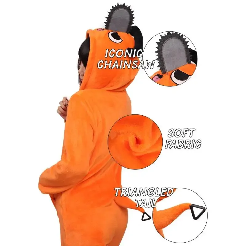 WENAM Adult Pochita Onesie Pajamas Denji Cosplay Slim Sleepwear with Pockets Flannel Cartoon Pajamas Sleepwear