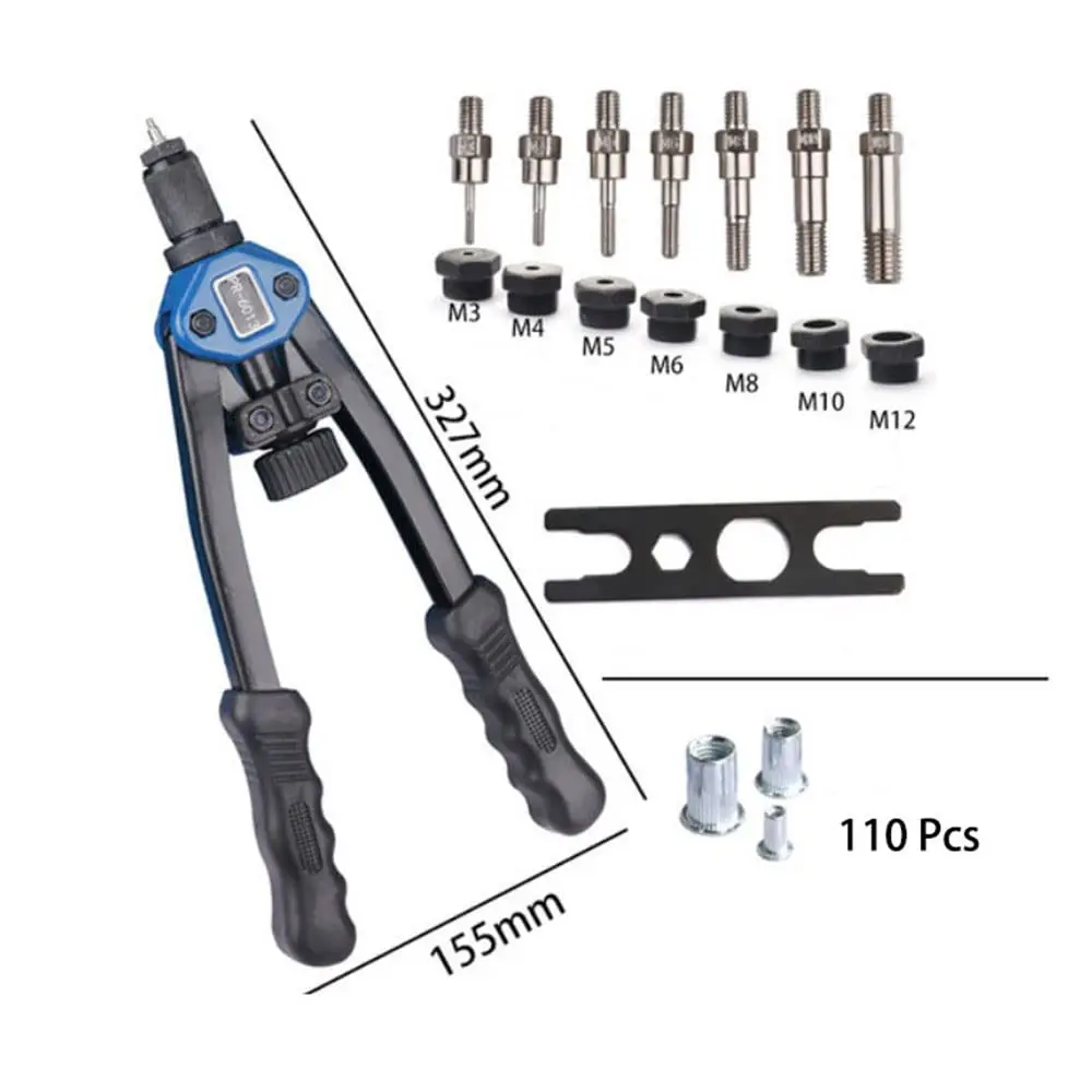 Kit di attrezzi per rivetti a mano professionale da 13 pollici con pistola per dadi per rivetti a mano con 7 mandrini metrici e dadi per rivetti da 110 pezzi da M3 a M12