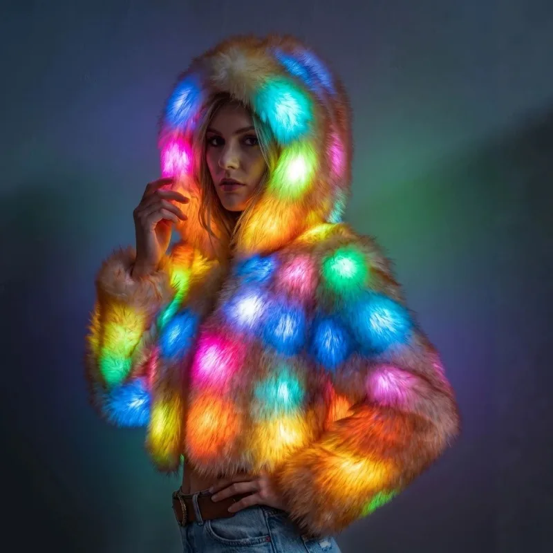 LED Faux Fur Women Coat Light up Hoodie Jacket Rave Party Nightclub Wear Halloween Christmas Costume Winter Warm Coat