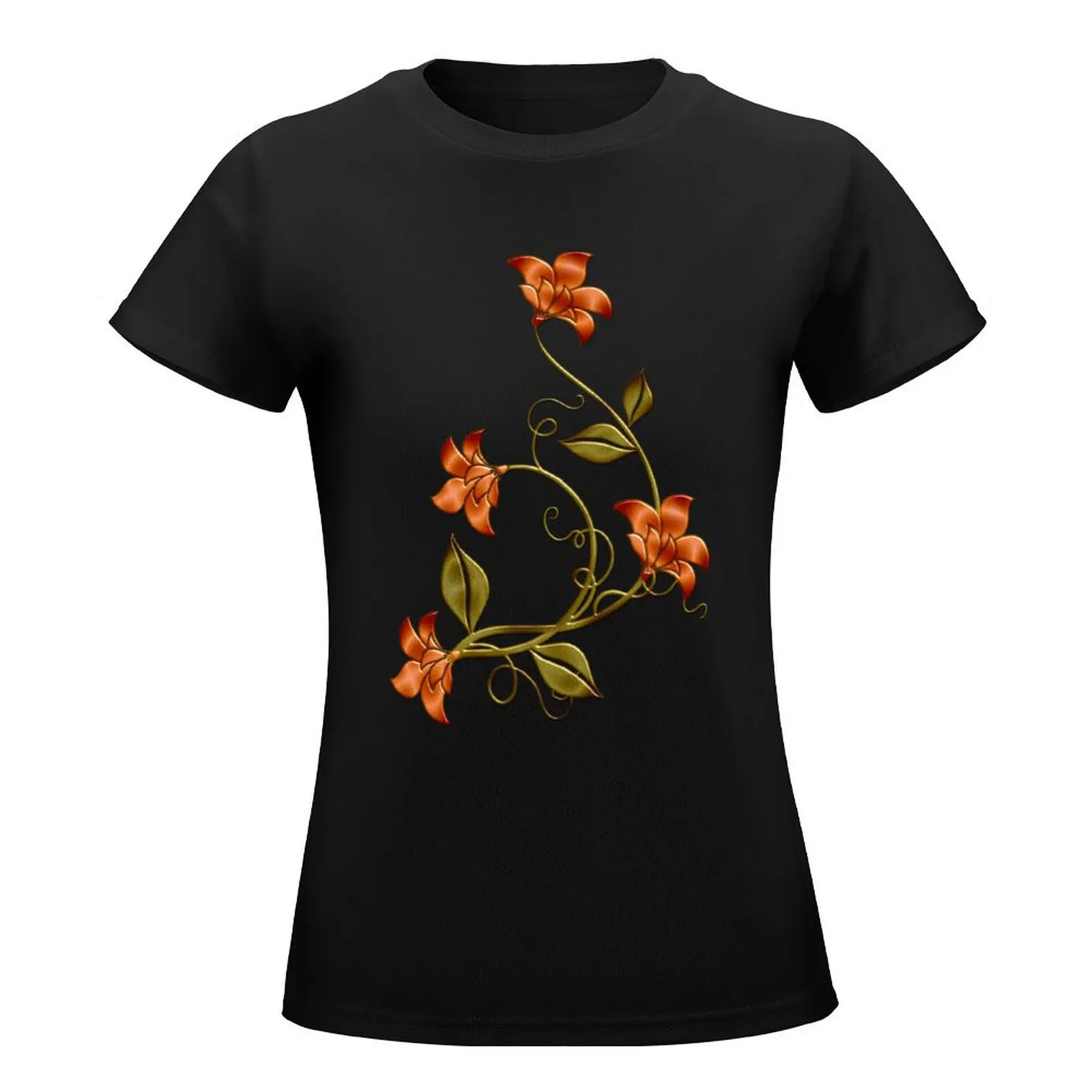 Black Background Orange Lilies Floral Pattern T-Shirt aesthetic clothes tees Woman T-shirts