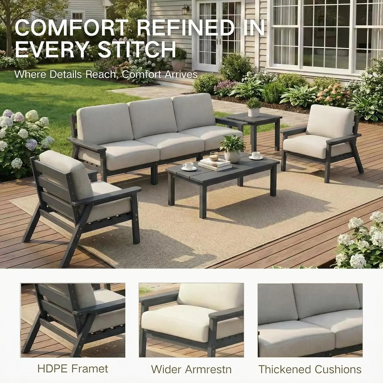 HDPE 3 Piece Outdoor Sectional Sofa & Table Set All Weather Washable Cushions for Backyard Poolside Balcony, Customized