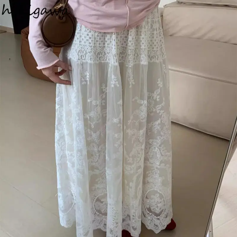 

Chinese Style Lace Skirt for Women High Waist Solid Color Temperament Jupe 2025 Faldas Mujer De Moda Fashion Sweet Summer Skirts