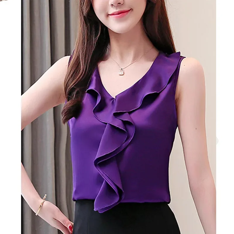 2024 Summer Blouse Women V-neck New Women Blouses Loose Sleeveless Chiffon Blouse Women Shirts Womens Tops and Blouses Z07