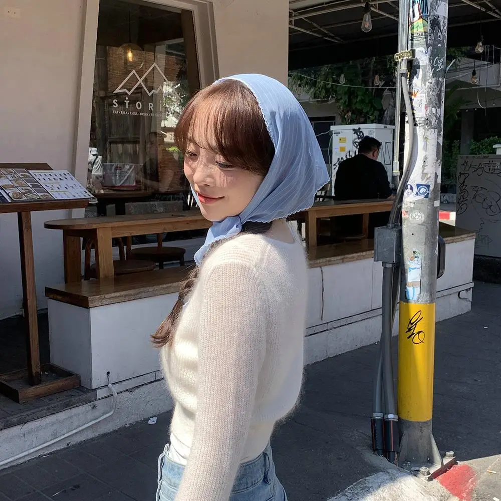 甘い水玉三角形スカーフ女性ストライプレースネックスカーフヘッドバンド韓国牧歌ヘッドラップ夏の日焼け止めヘアスカーフ
