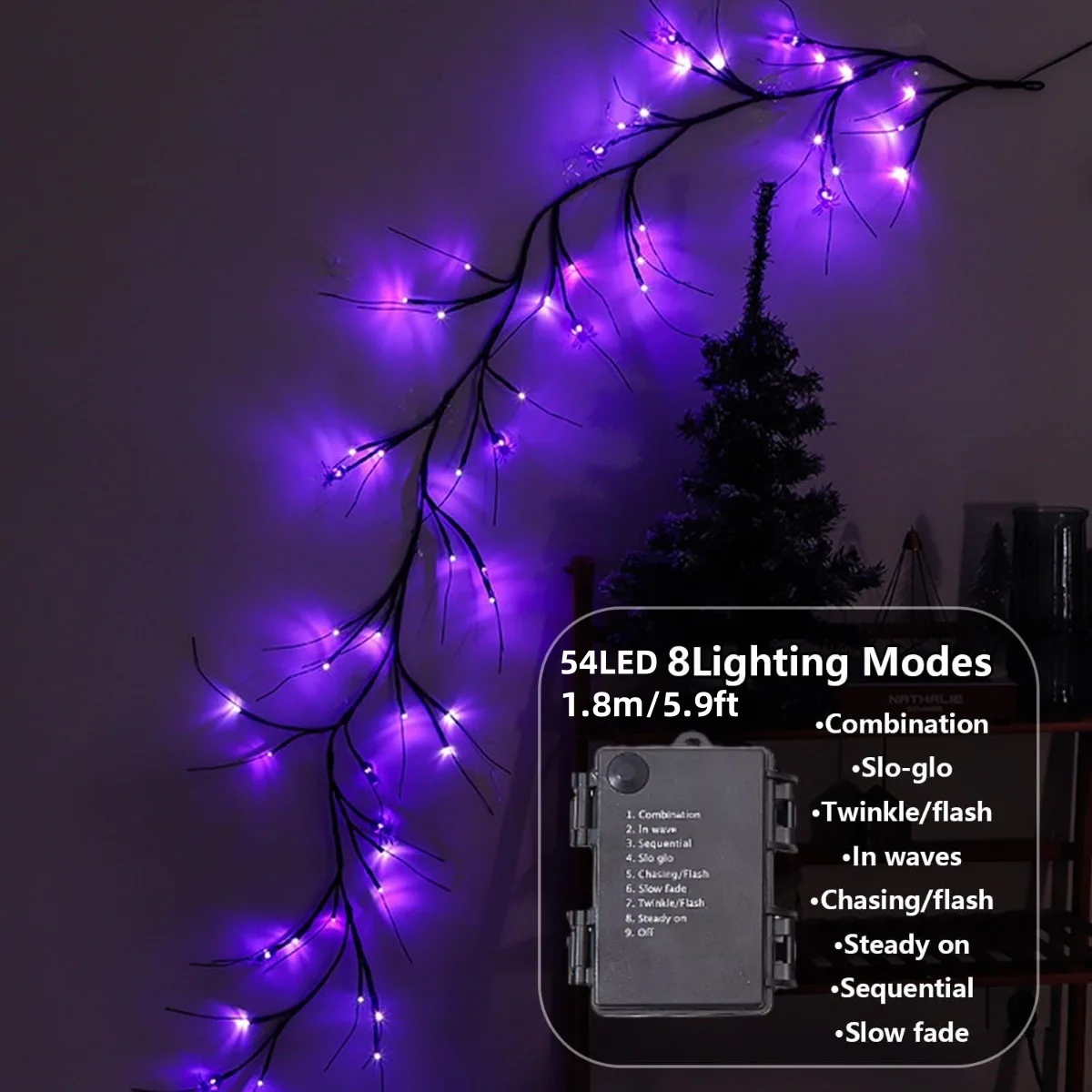 Atmosfera de Halloween Roxo Rattan Lights, DIY Ramos, Guirlanda, Exterior, Interior, Impermeável, Paredes Luzes, Alimentado por Bateria, 54 LEDs, 1Pc