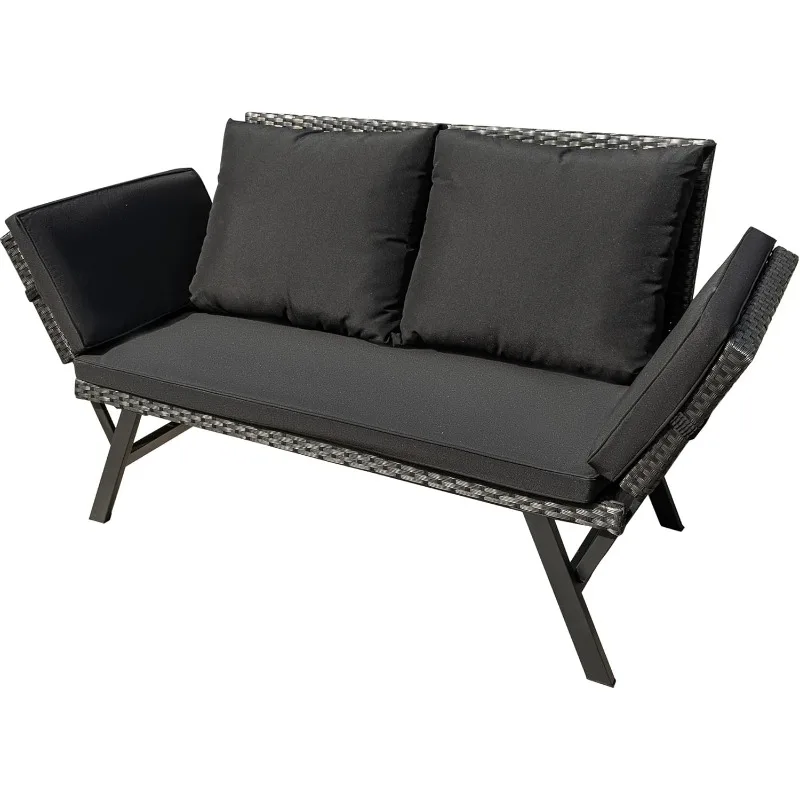 

Outdoor Sofa, Woven Rattan Patio Furniture, Convertible Daybed or Double Chair with Adjustable Armrests, Cushions and Pi