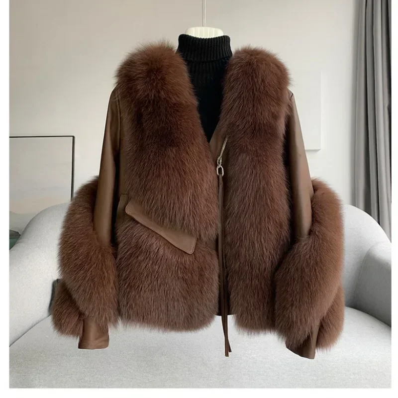 MENINA 2024 Autumn Winter Fur All-in-One Coat Women Fox Fur Coat Spliced Sheepskin Motorcycle Coat Thickened Warm Free Shipping