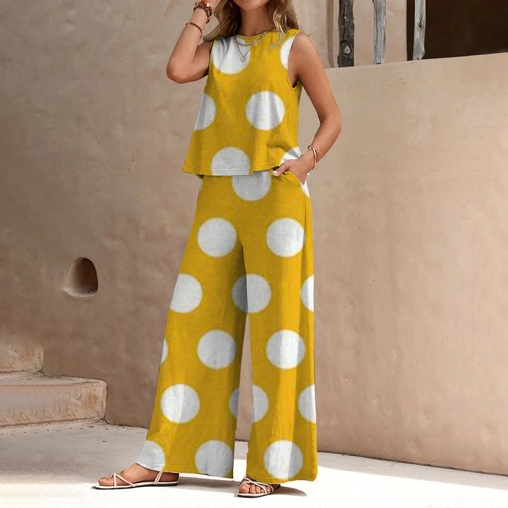 Summer Polka Dot Print Casual Pants Suit Crew Collar Sleeveless Vest Wide Leg Pants Suit Spring Summer Women 2024 New Model