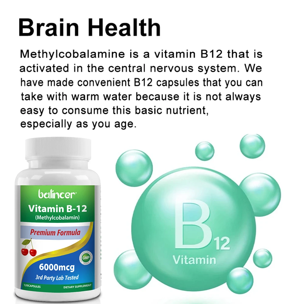 Vitamin B12 6000MG, Methylcobalamin Supplement for Mind, Energy, Brain, Mood, Heart Support, 30/60/120 Capsules